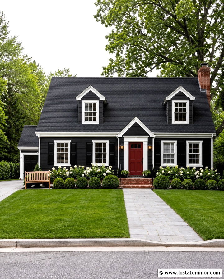 Soft Black House With A Red Front Door And Shingles - 30 Soft Black House Design With Shingles Ideas