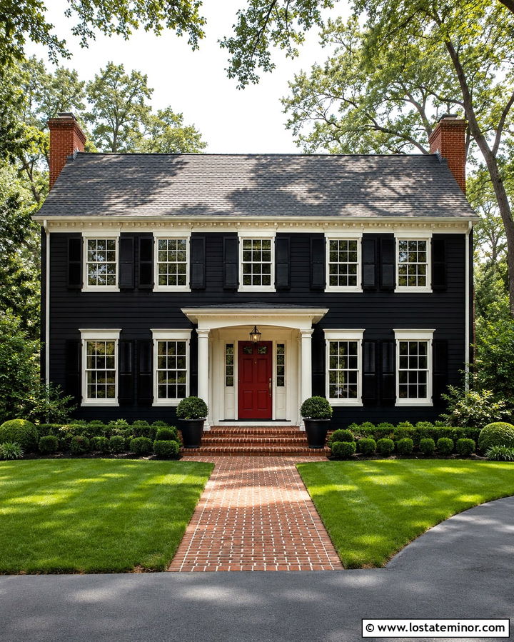 Soft Black House With A Red Front Door - 30 Soft Black House Design With Accents Ideas