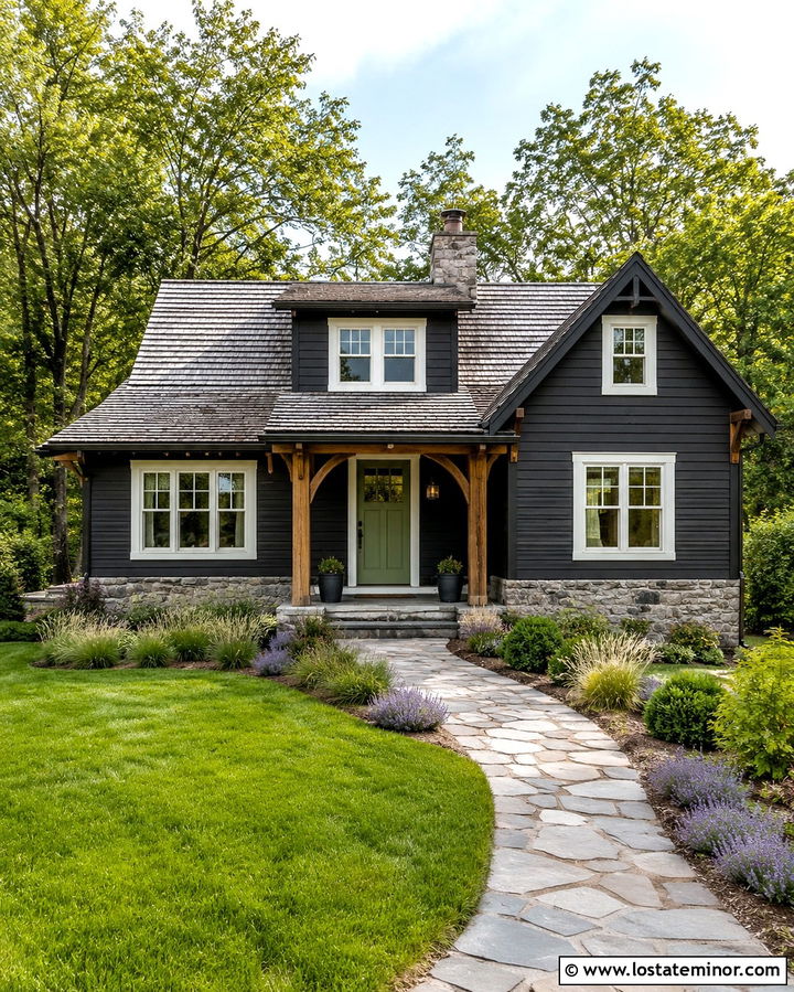 Soft Black House With A Sage Green Door - 30 Soft Black House Design With Accents Ideas