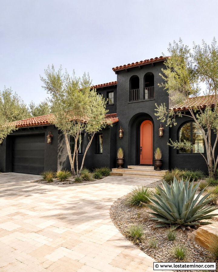 Soft Black House With A Terracotta Door - 30 Soft Black House Design With Accents Ideas