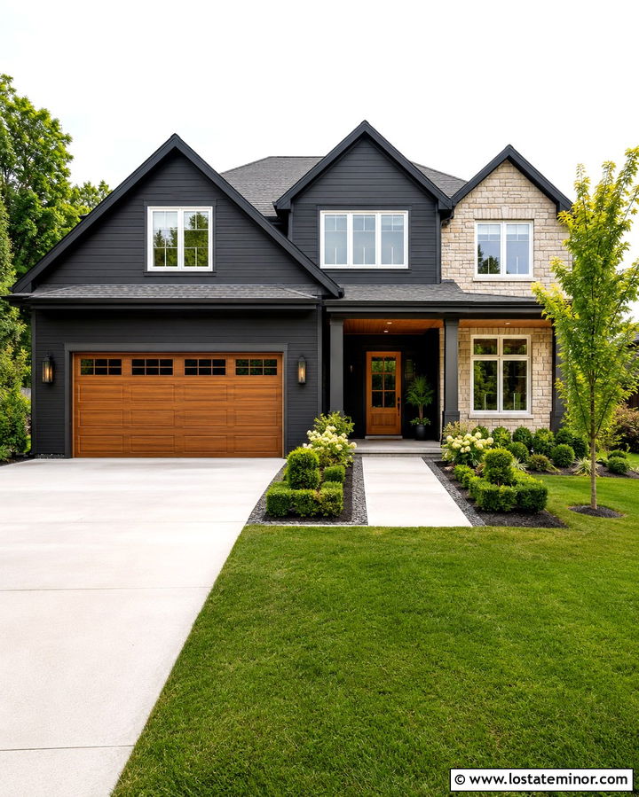 Soft Black House With A Wood Garage Door - 30 Soft Black House Design With Shingles Ideas