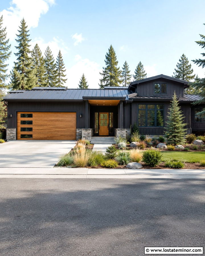 Soft Black House With A Wood Garage Door - 30 Soft Black House Design With Accents Ideas