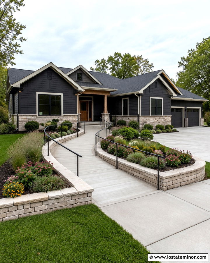Soft Black House With Accessible Sloped Walkway - 30 Soft Black House Design With Walkway Ideas