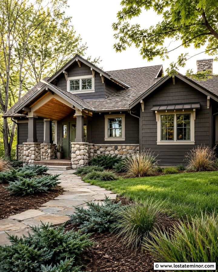 Soft Black House With An Olive Green Door - 30 Soft Black House Design With Shingles Ideas