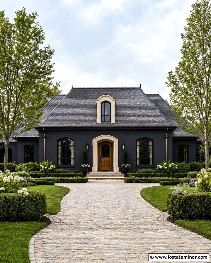 Soft Black House With Arched Dormer - 30 Soft Black House Design With Dormers Ideas