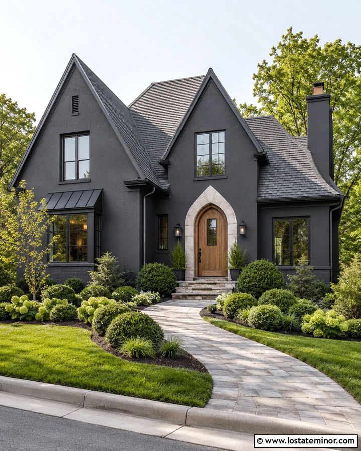 Soft Black House With Arched Entry Door - 30 Soft Black House Design With Entry Door Ideas