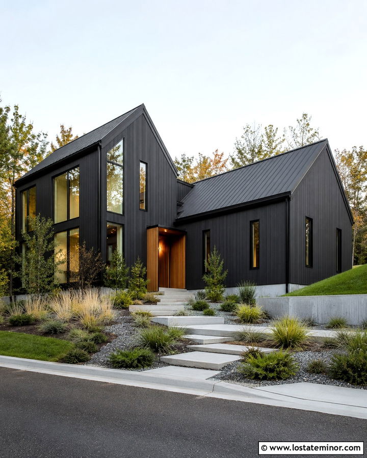 Soft Black House With Asymmetrical Gables - 30 Soft Black House Design With Gables Ideas