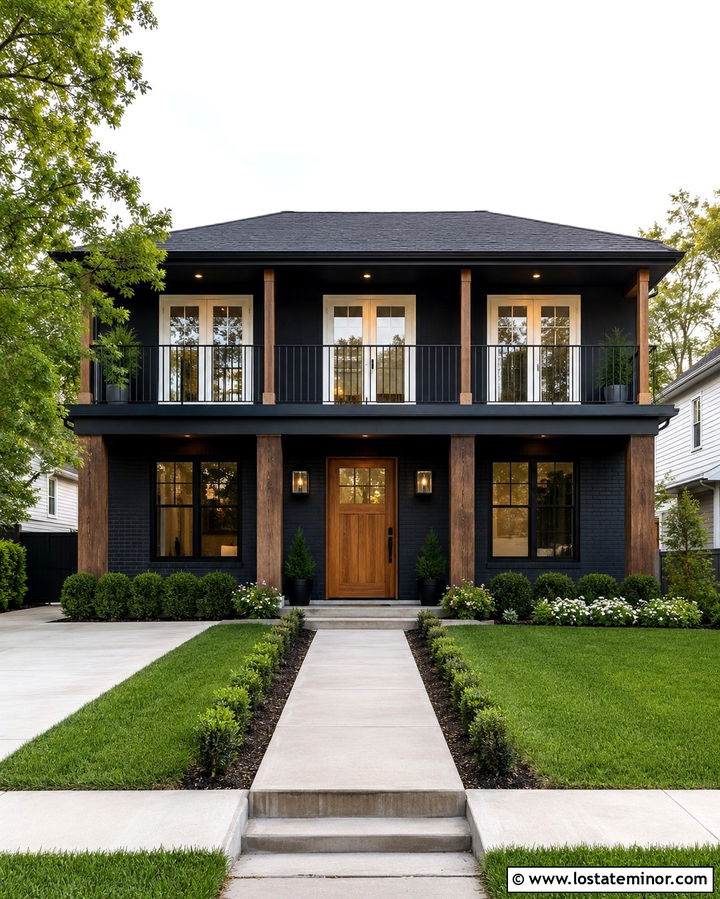 Soft Black House With Balcony Railings - 30 Soft Black House Design With Railings Ideas
