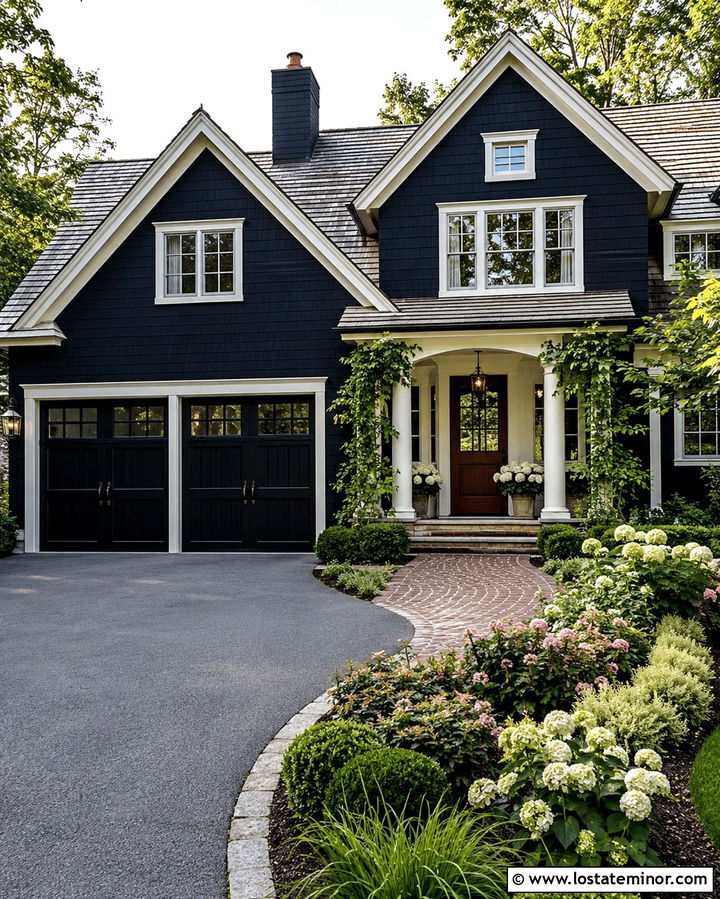 Soft Black House With Black Carriage Garage Door - 30 Soft Black House Design With Garage Door Ideas