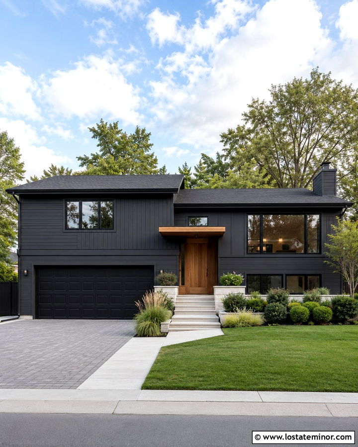 Soft Black House With Black Garage Door And Pavers - 30 Soft Black House Design With Driveway Ideas