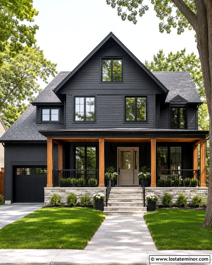 Soft Black House With Black Porch Railings - 30 Soft Black House Design With Front Porch Ideas