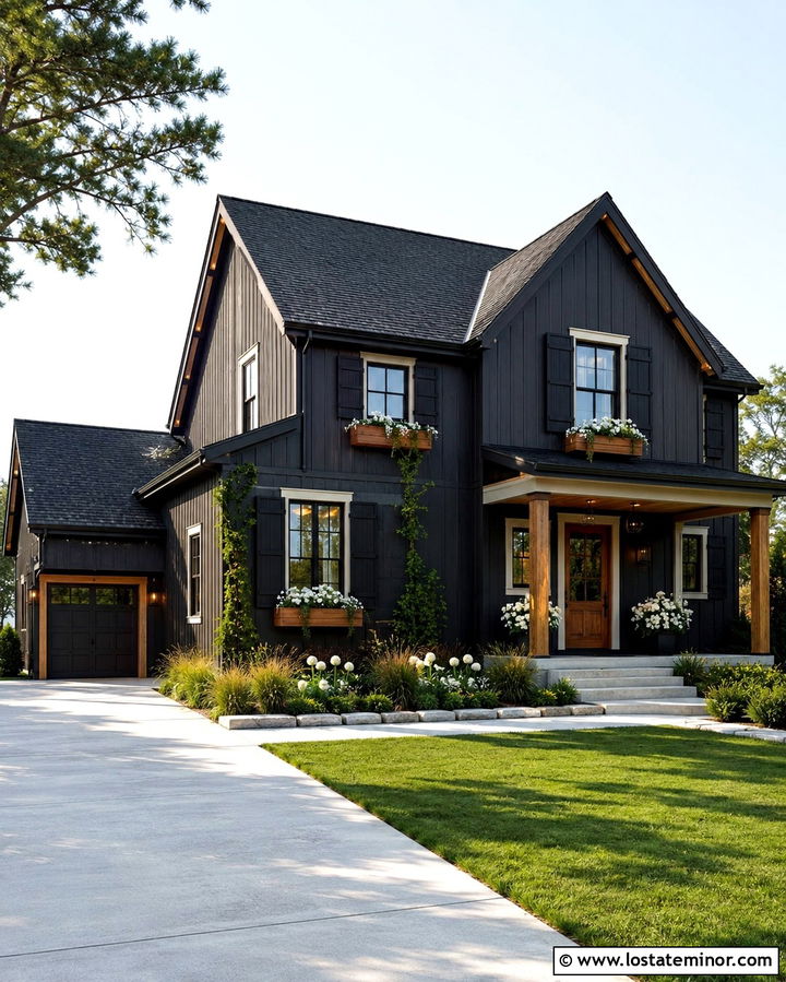 Soft Black House With Black Shutters And Cedar Boxes - 30 Soft Black House Design With Window Boxes Ideas