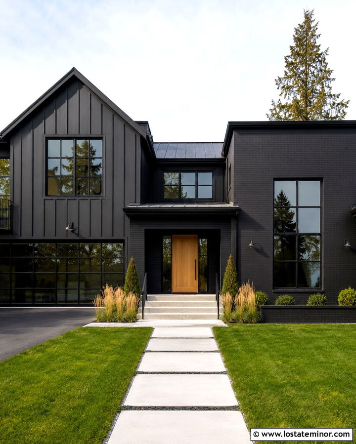 Soft Black House With Black Steel Windows - 30 Soft Black House Design With Accents Ideas