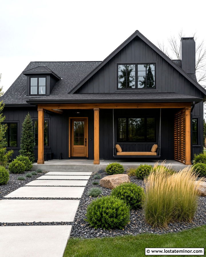 Soft Black House With Black Swing And Wood Accents - 30 Soft Black House Design With Swing Ideas