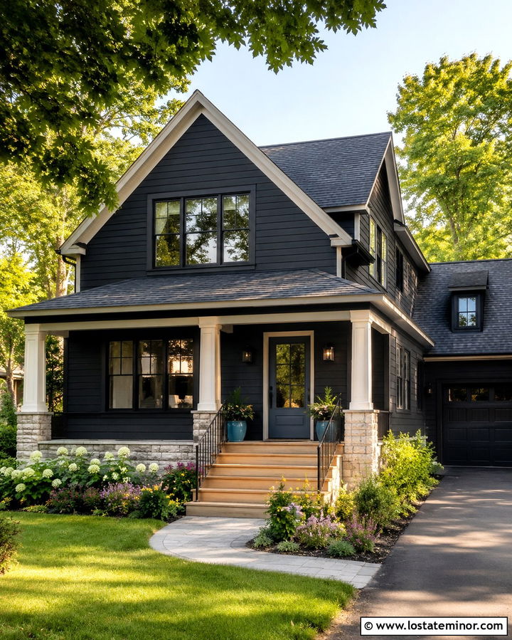Soft Black House With Blue Front Door Porch - 30 Soft Black House Design With Front Porch Ideas