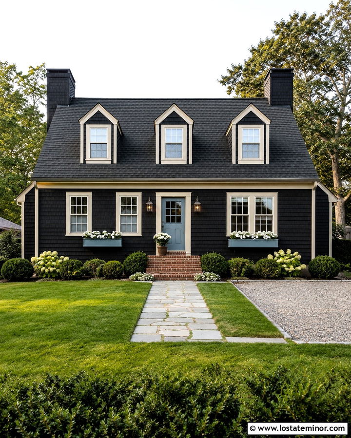 Soft Black House With Blue Window Boxes - 30 Soft Black House Design With Window Boxes Ideas