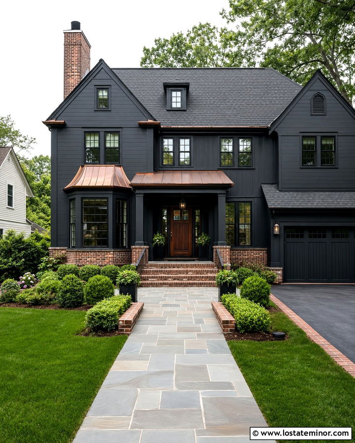 Soft Black House With Brick And Copper Details - 30 Soft Black House Design With Brick Accents Ideas