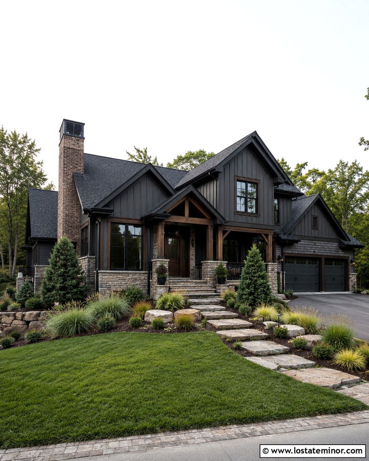 Soft Black House With Brick And Stone Accents - 30 Soft Black House Design With Brick Accents Ideas