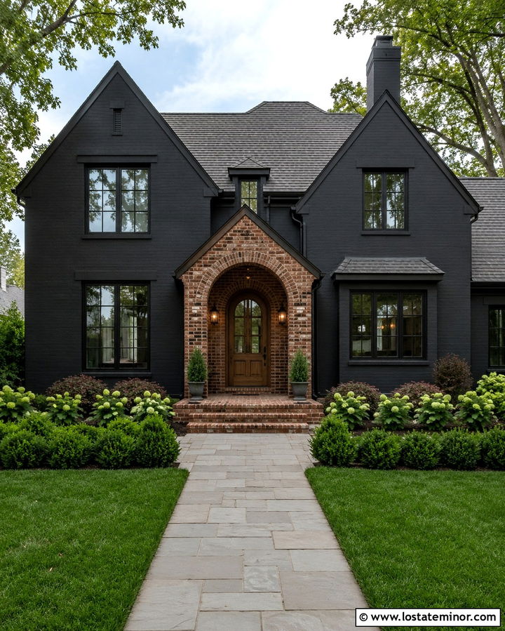 Soft Black House With Brick Arch Entry - 30 Soft Black House Design With Brick Accents Ideas