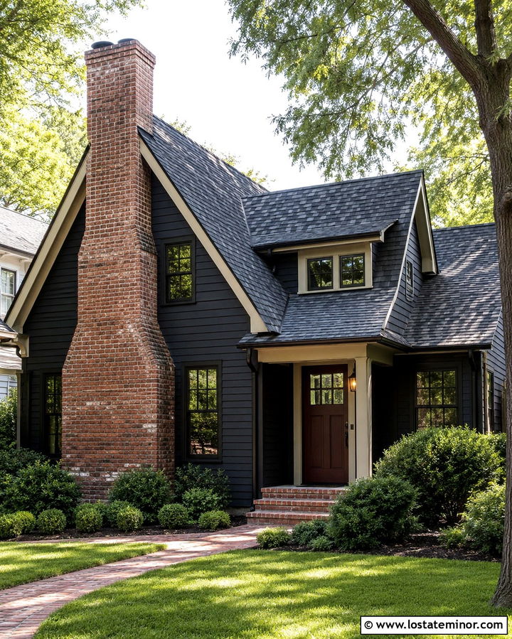 Soft Black House With Brick Chimney - 30 Soft Black House Design With Brick Accents Ideas