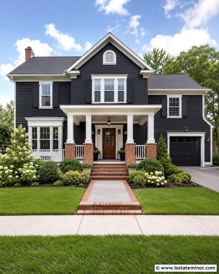 Soft Black House With Brick Column Portico - 30 Soft Black House Design With Portico Ideas