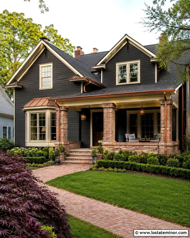 Soft Black House With Brick Columns And Copper Accents - 30 Soft Black House Design With Porch Columns Ideas