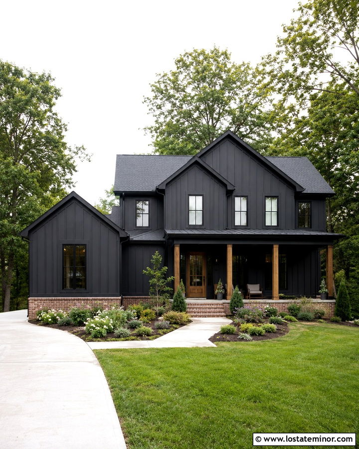 Soft Black House With Brick Foundation - 30 Soft Black House Design With Brick Accents Ideas