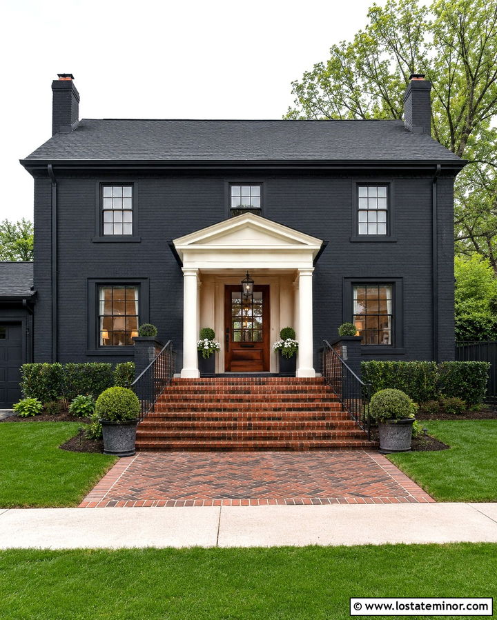 Soft Black House With Brick Front Steps - 30 Soft Black House Design With Brick Accents Ideas