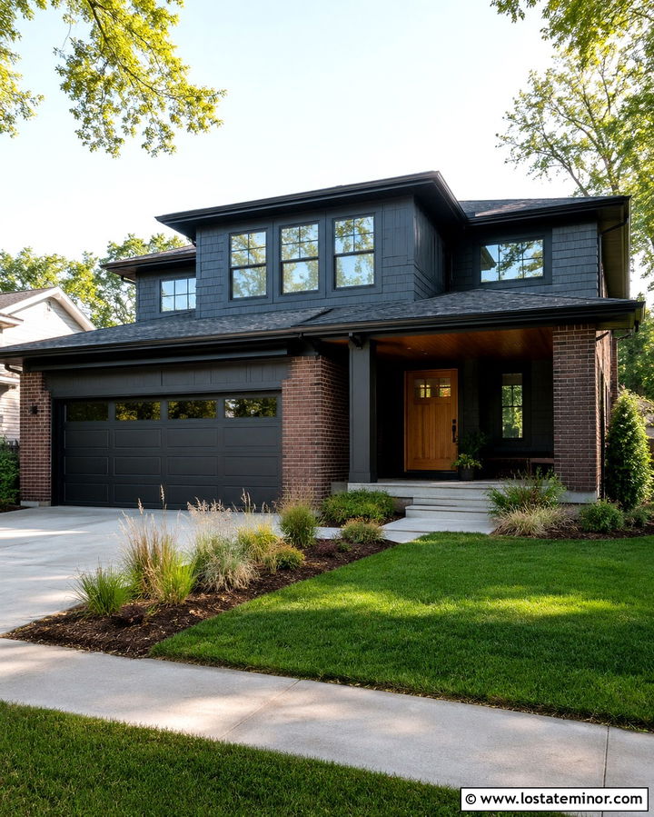 Soft Black House With Brick Garage Surround - 30 Soft Black House Design With Brick Accents Ideas