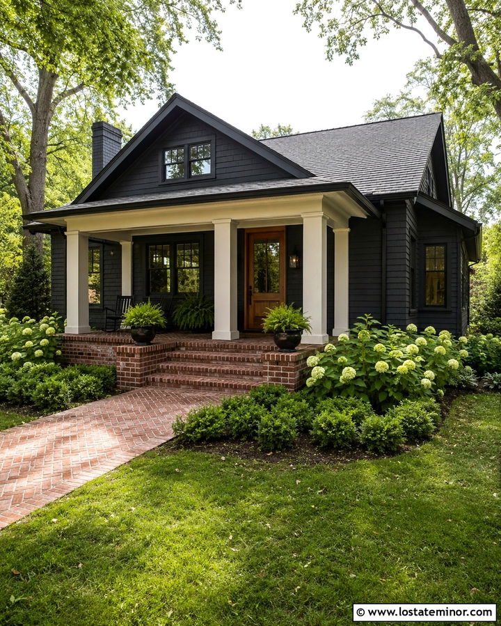 Soft Black House With Brick Porch Floor - 30 Soft Black House Design With Brick Accents Ideas