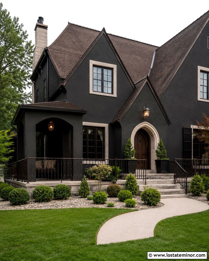 Soft Black House With Bronze Railings - 30 Soft Black House Design With Railings Ideas