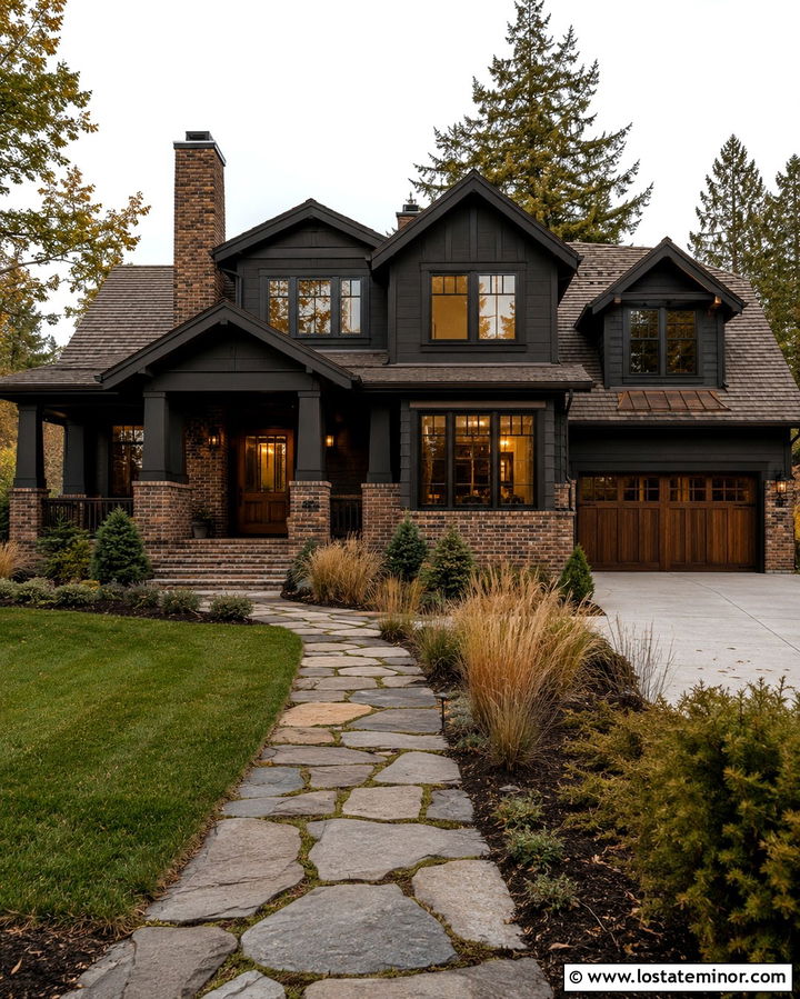 Soft Black House With Brown Brick - 30 Soft Black House Design With Brick Accents Ideas