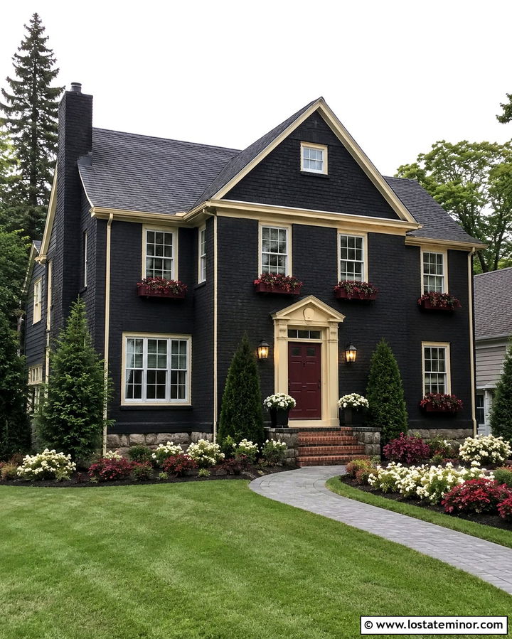 Soft Black House With Burgundy Window Boxes - 30 Soft Black House Design With Window Boxes Ideas