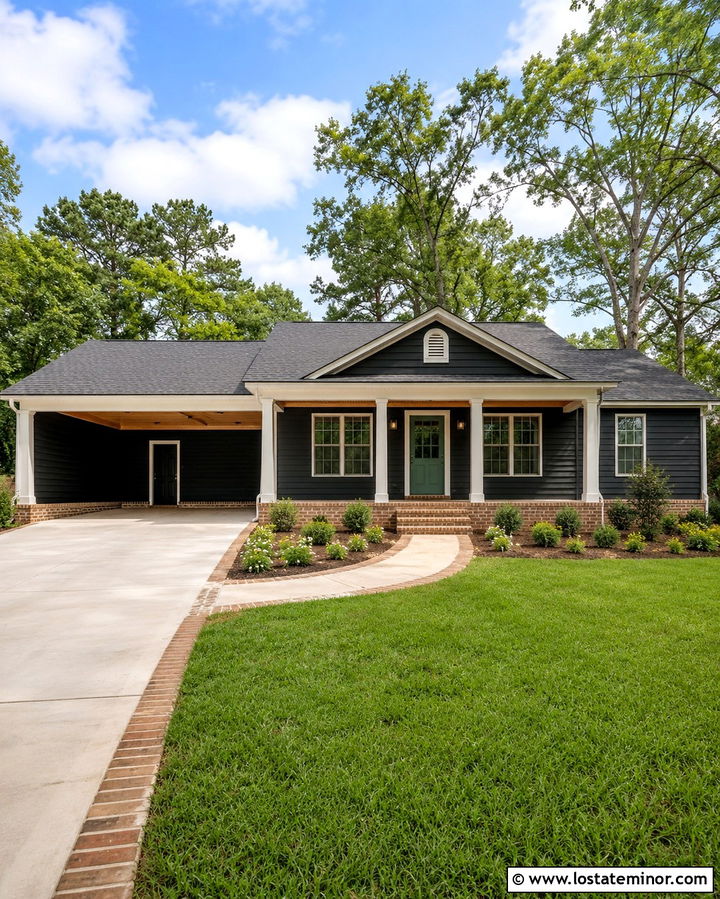 Soft Black House With Carport And Front Porch - 30 Soft Black House Design With Carport Ideas
