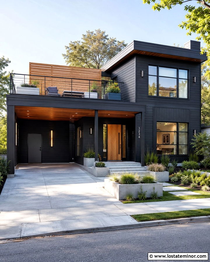 Soft Black House With Carport And Rooftop Deck - 30 Soft Black House Design With Carport Ideas