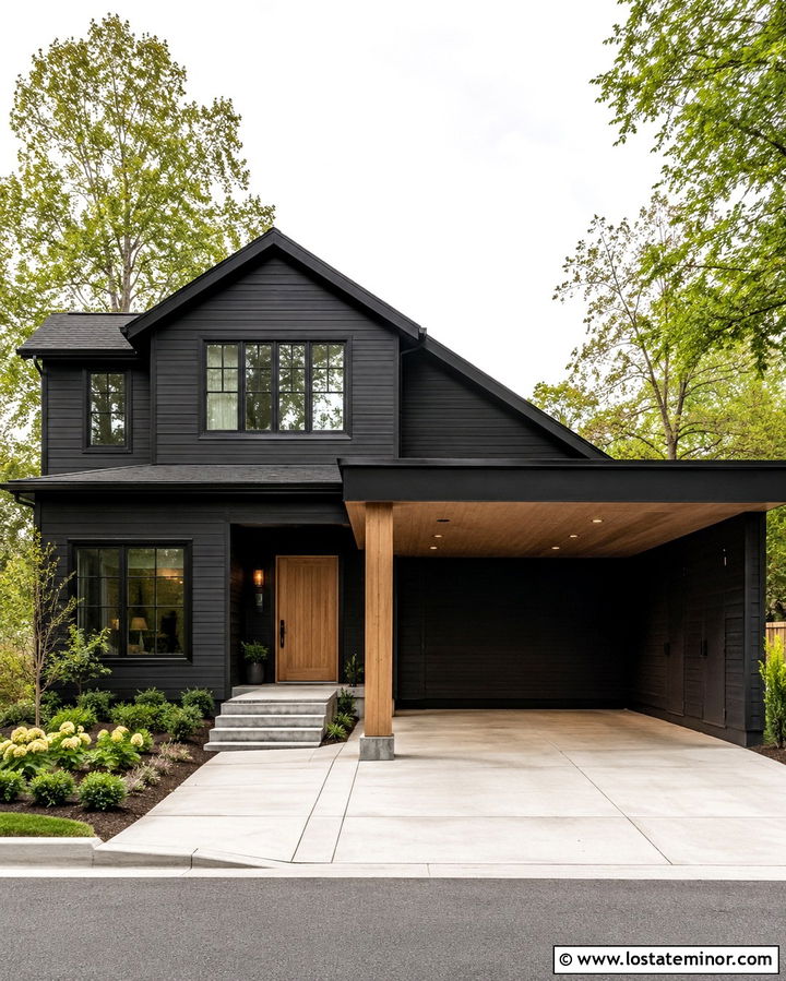 Soft Black House With Carport Storage Wall - 30 Soft Black House Design With Carport Ideas