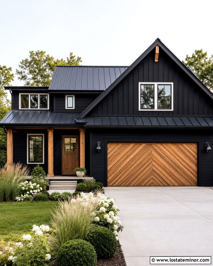 Soft Black House With Cedar Chevron Garage Door - 30 Soft Black House Design With Garage Door Ideas