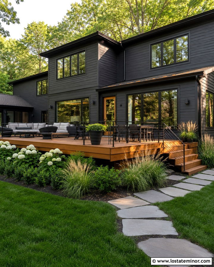 Soft Black House With Cedar Deck - 30 Soft Black House Design With Backyard Ideas