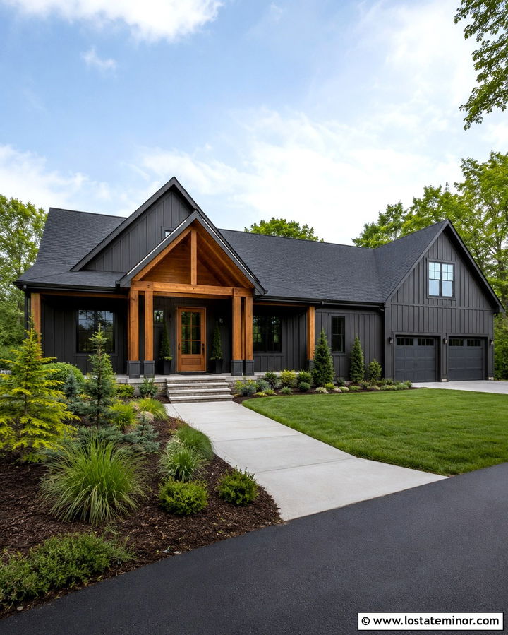 Soft Black House With Cedar Gable Portico - 30 Soft Black House Design With Portico Ideas
