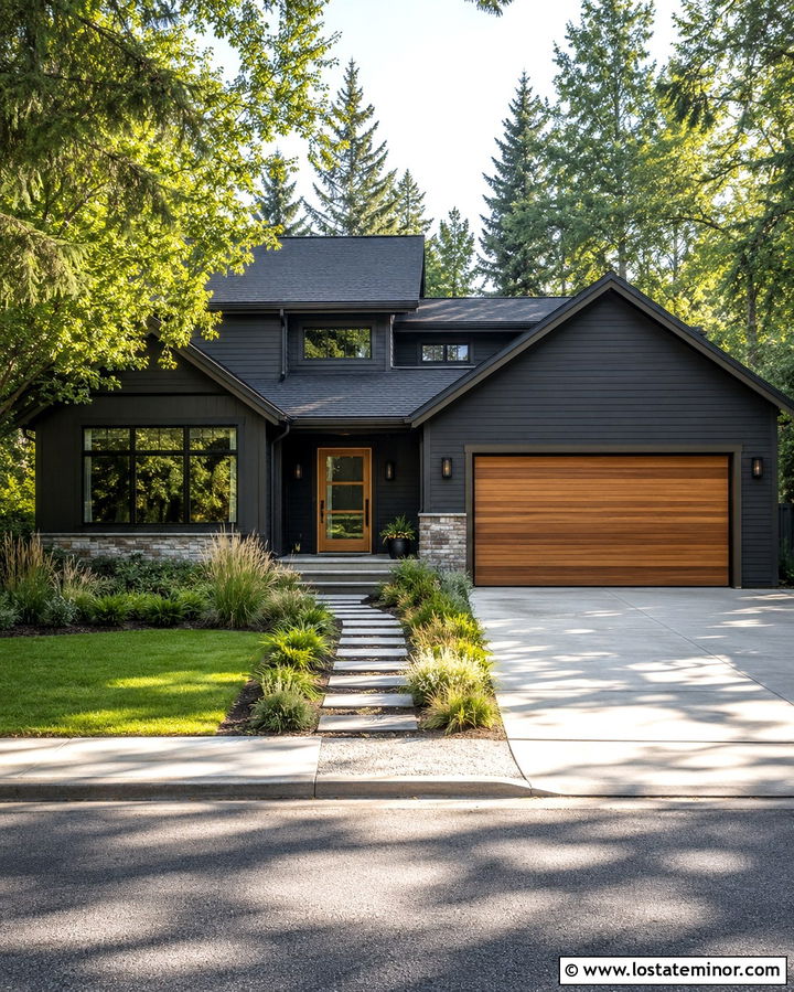 Soft Black House With Cedar Garage And Screen Door - 30 Soft Black House Design With Screen Door Ideas