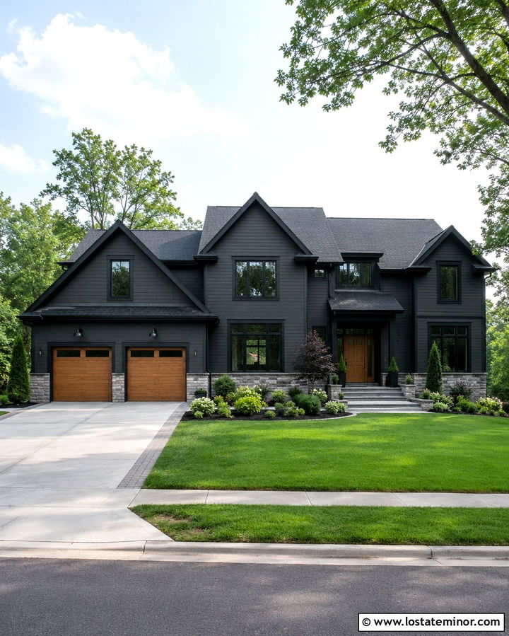 Soft Black House With Cedar Garage Doors - 30 Soft Black House Design With Window Frames Ideas