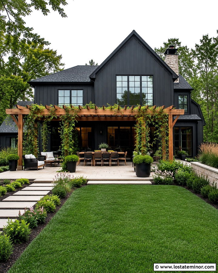 Soft Black House With Cedar Pergola - 30 Soft Black House Design With Backyard Ideas