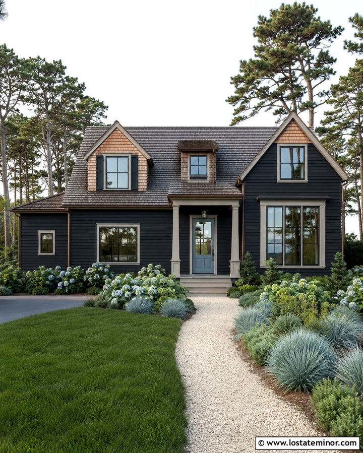 Soft Black House With Cedar Shake And Blue Door - 30 Soft Black House Design With Cedar Shake Ideas