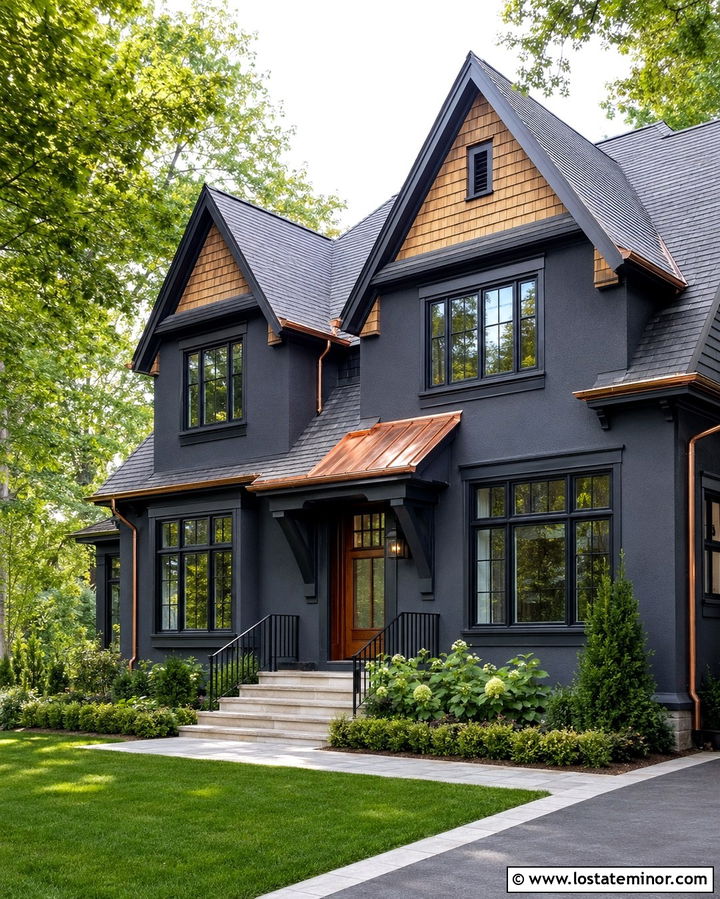 Soft Black House With Cedar Shake And Copper Accents - 30 Soft Black House Design With Cedar Shake Ideas