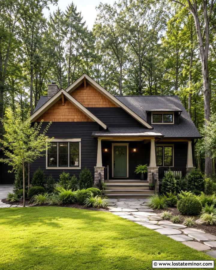 Soft Black House With Cedar Shake And Green Door - 30 Soft Black House Design With Cedar Shake Ideas