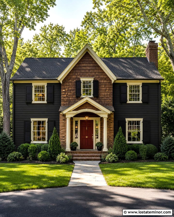 Soft Black House With Cedar Shake And Red Door - 30 Soft Black House Design With Cedar Shake Ideas