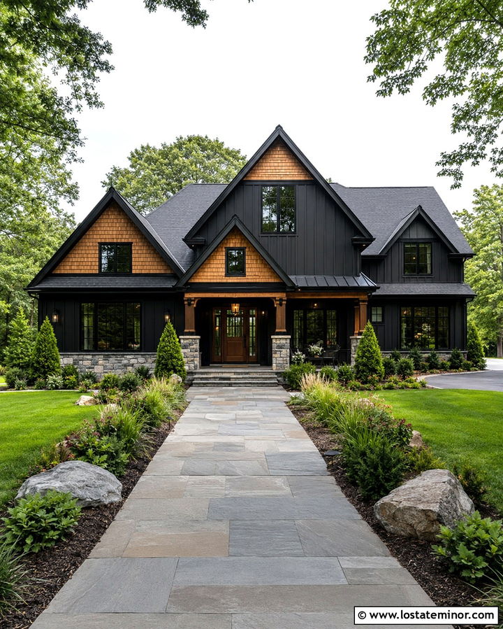 Soft Black House With Cedar Shake And Stone - 30 Soft Black House Design With Cedar Shake Ideas