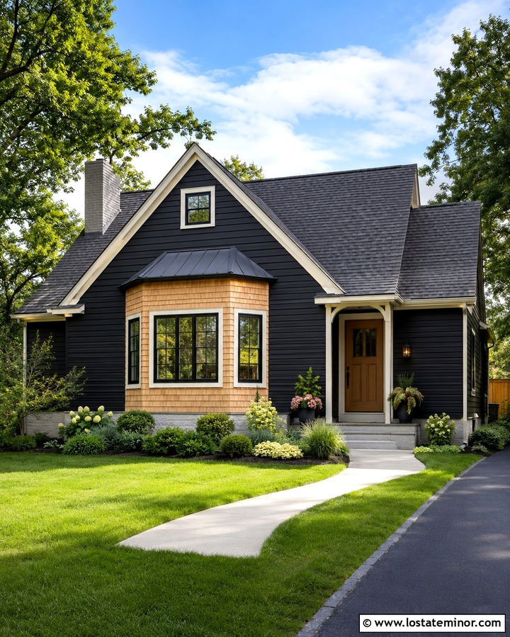 Soft Black House With Cedar Shake Bay Window - 30 Soft Black House Design With Cedar Shake Ideas