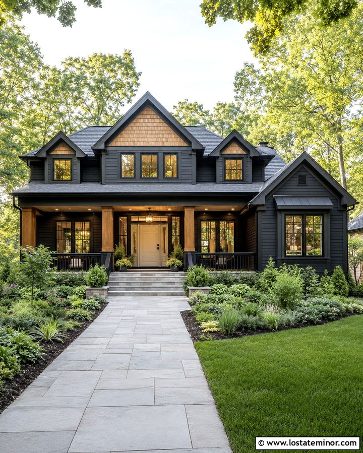 Soft Black House With Cedar Shake Covered Porch - 30 Soft Black House Design With Cedar Shake Ideas