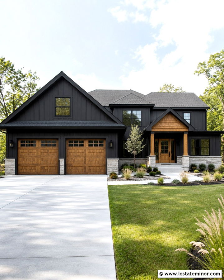 Soft Black House With Cedar Shake Garage Doors - 30 Soft Black House Design With Cedar Shake Ideas